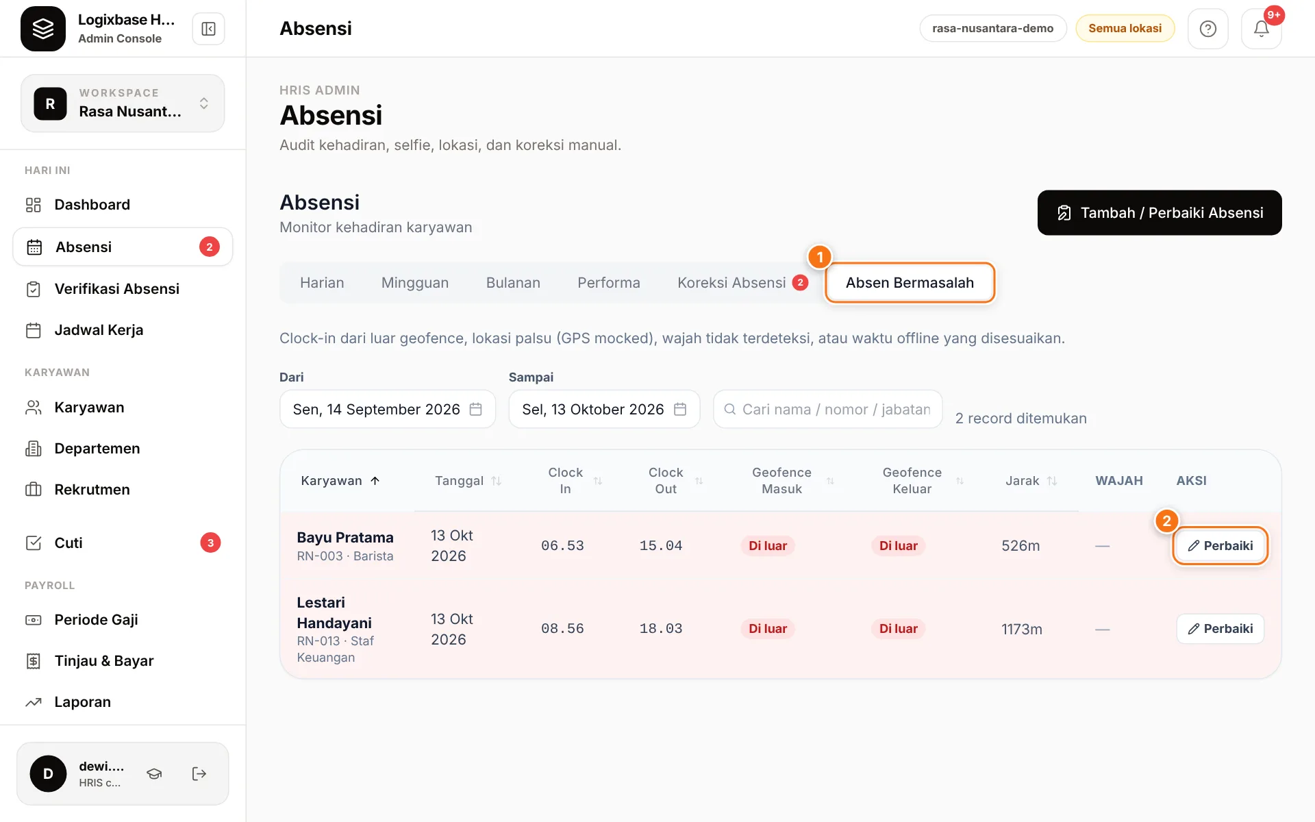 Tab Absen Bermasalah di halaman Absensi