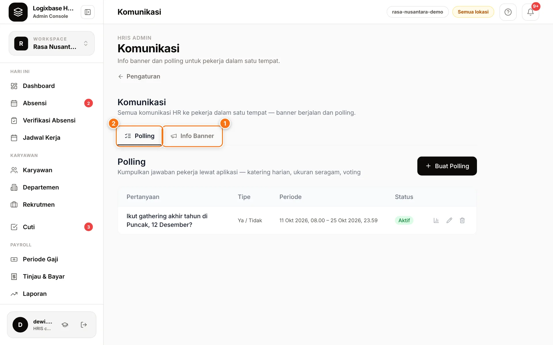 Halaman Komunikasi dengan tab Info Banner dan Polling