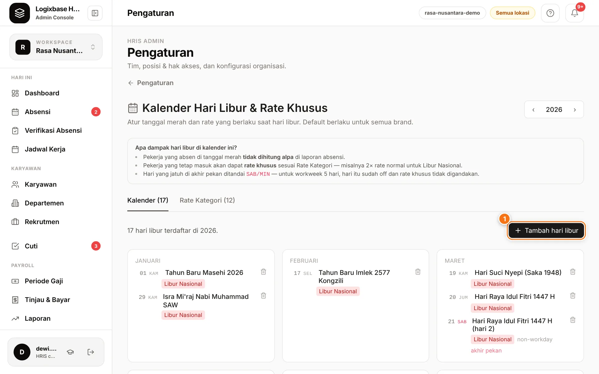 Halaman Kalender Hari Libur & Rate Khusus