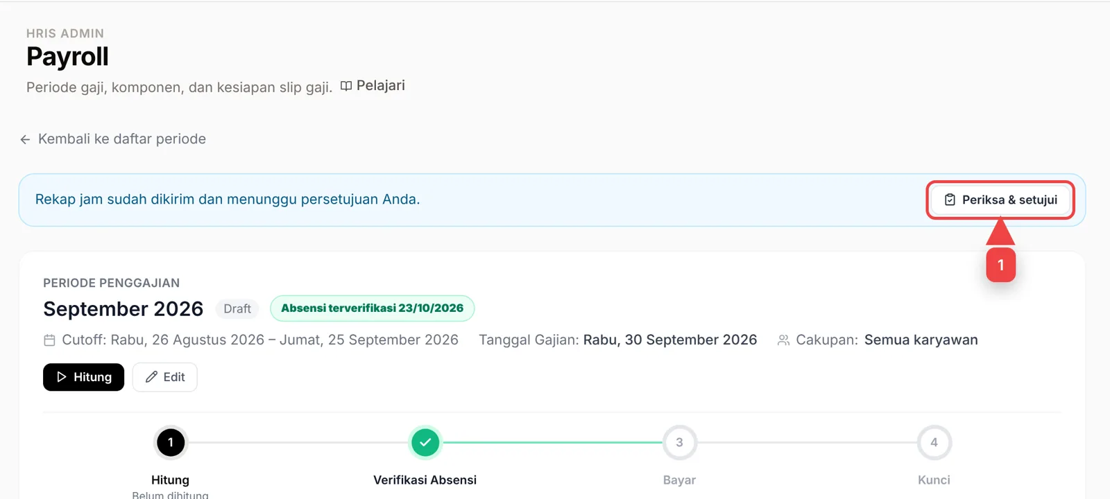 Banner on the period page: hours recap waiting for approval