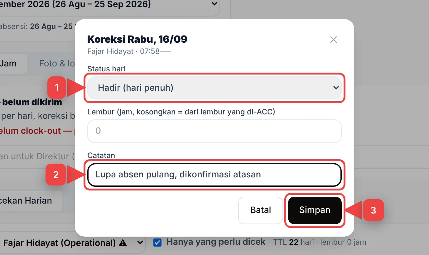 Jendela Koreksi: status hari, catatan, Simpan