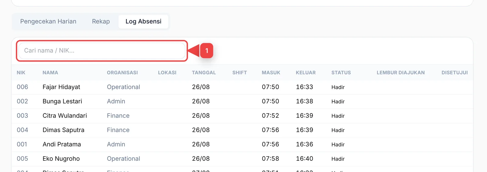 Tab Log Absensi dengan kotak pencarian