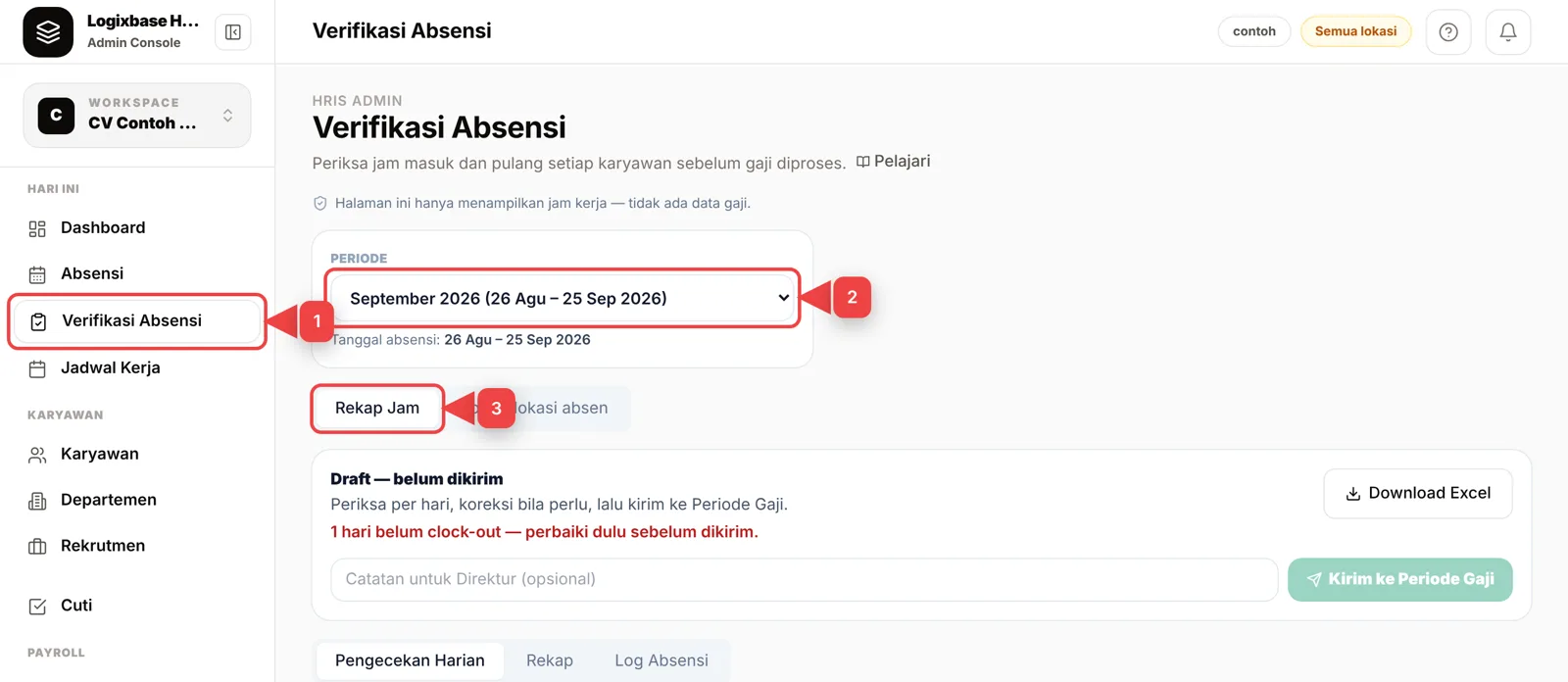 Halaman Verifikasi Absensi: menu, pilihan periode, dan tombol Rekap Jam