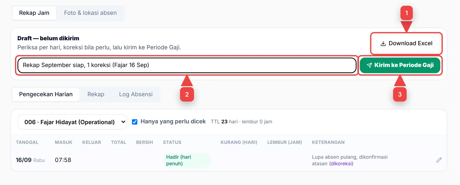 Download Excel, note and Send to pay period