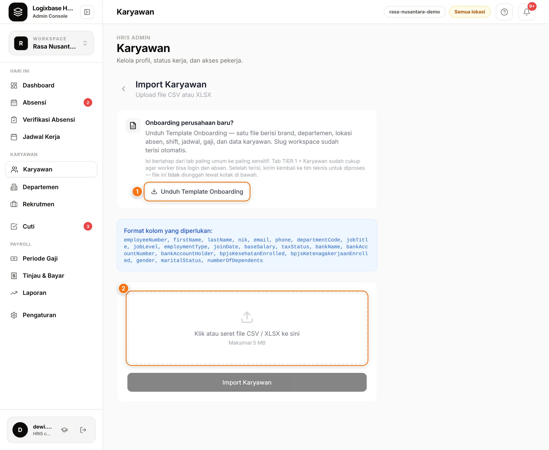 Halaman Import Karyawan dengan tombol Unduh Template Onboarding