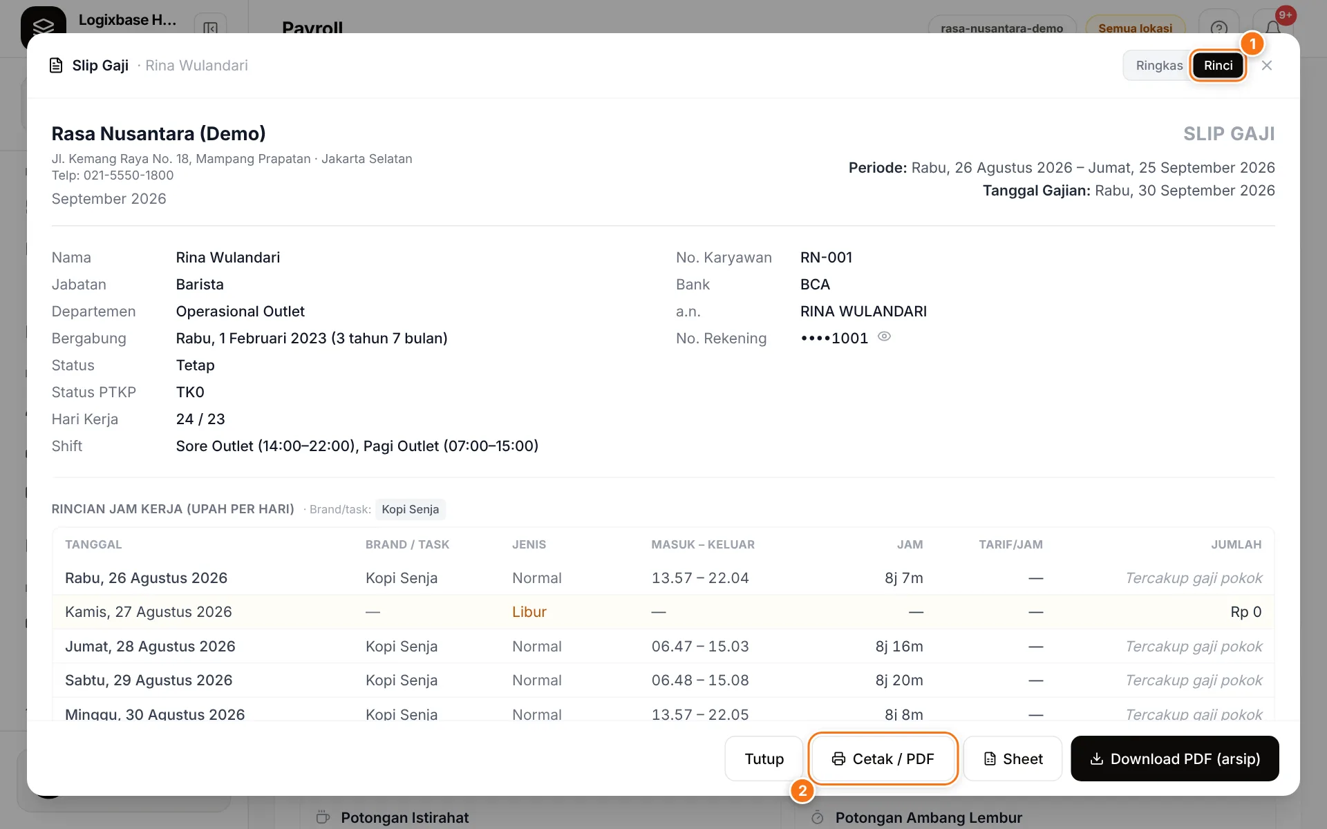 Slip gaji di admin dengan pilihan Rinci/Ringkas dan tombol Cetak / PDF