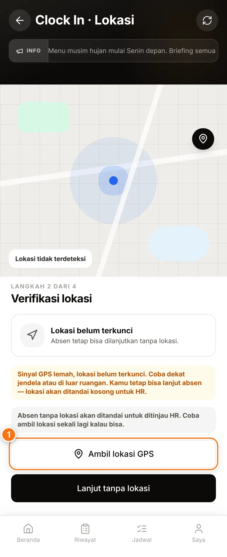Langkah verifikasi lokasi dengan tombol Ambil lokasi GPS