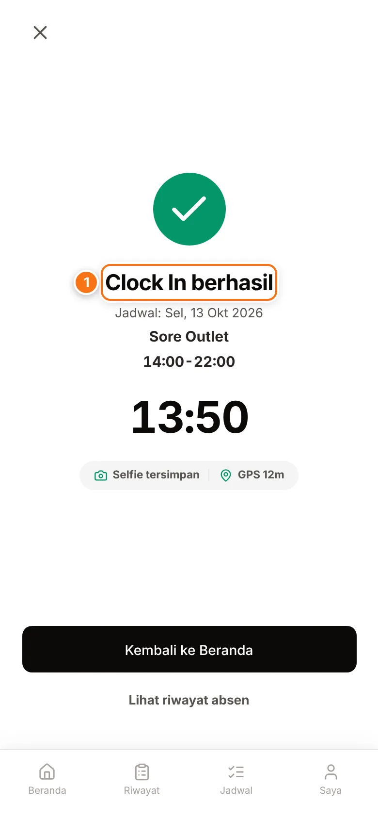 Layar Clock In berhasil setelah absen terkirim
