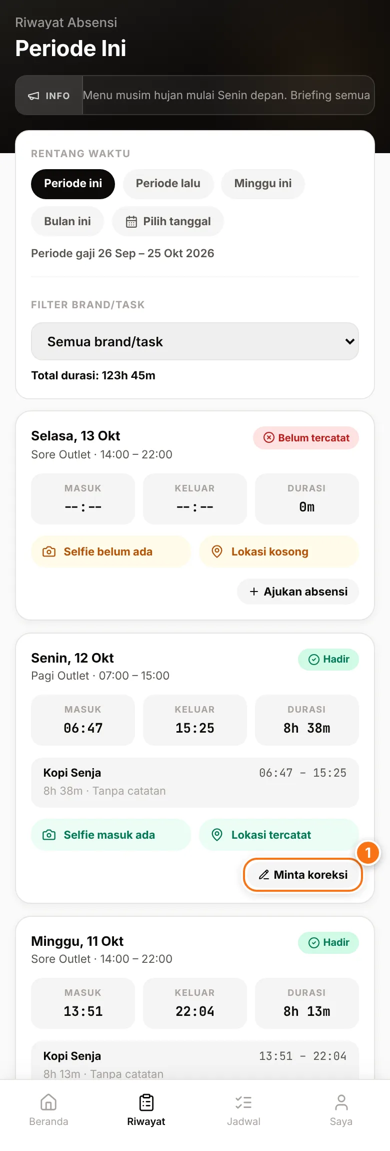 Halaman Riwayat Absensi dengan tombol Minta koreksi
