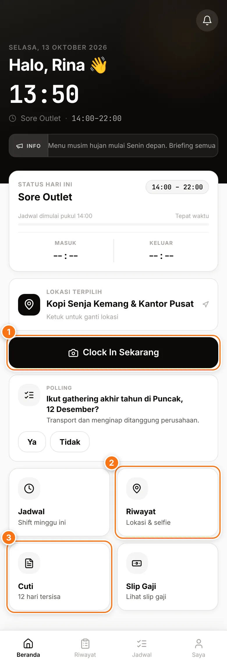 Beranda aplikasi karyawan dengan tombol Clock In Sekarang