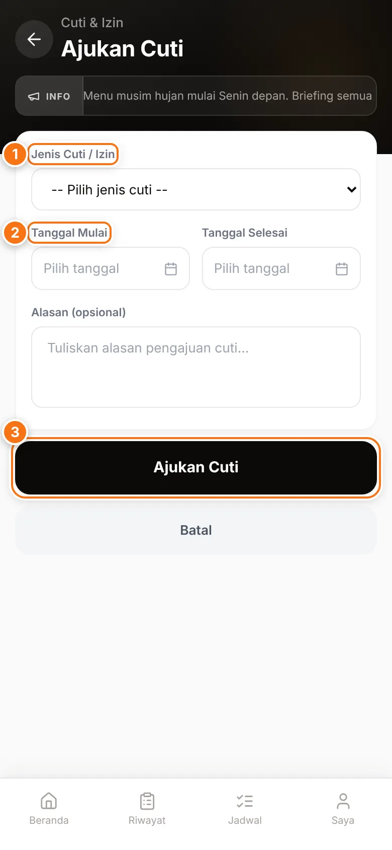 Formulir Ajukan Cuti dengan pilihan jenis cuti dan tanggal