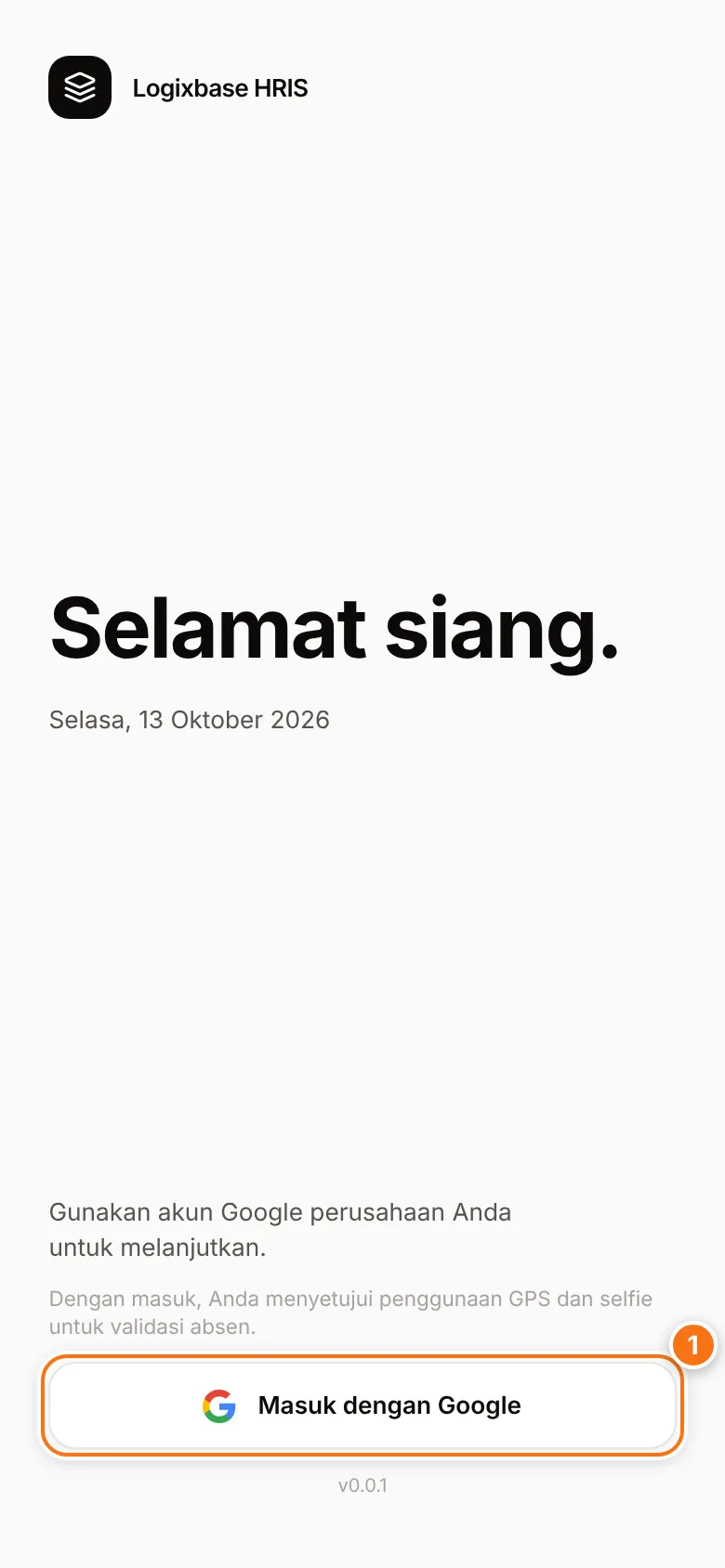Layar masuk aplikasi karyawan dengan tombol Masuk dengan Google
