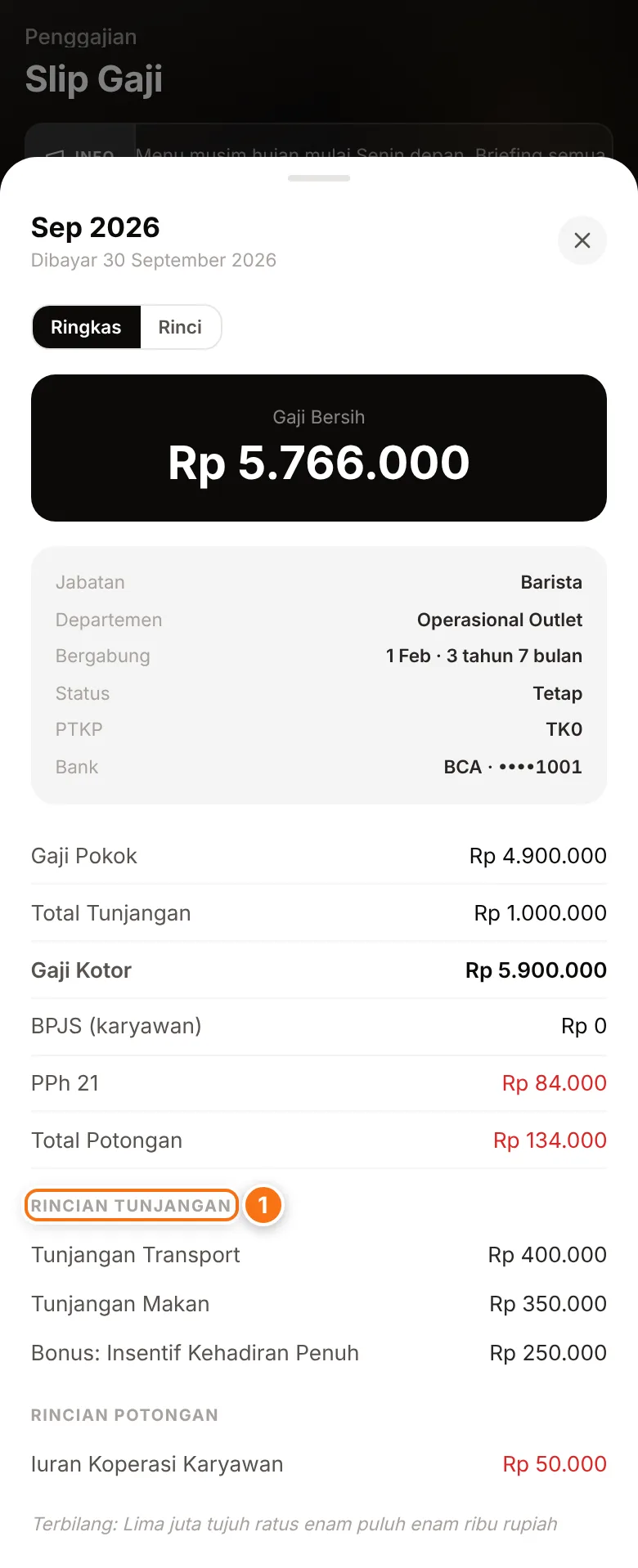 Rincian slip gaji di aplikasi karyawan