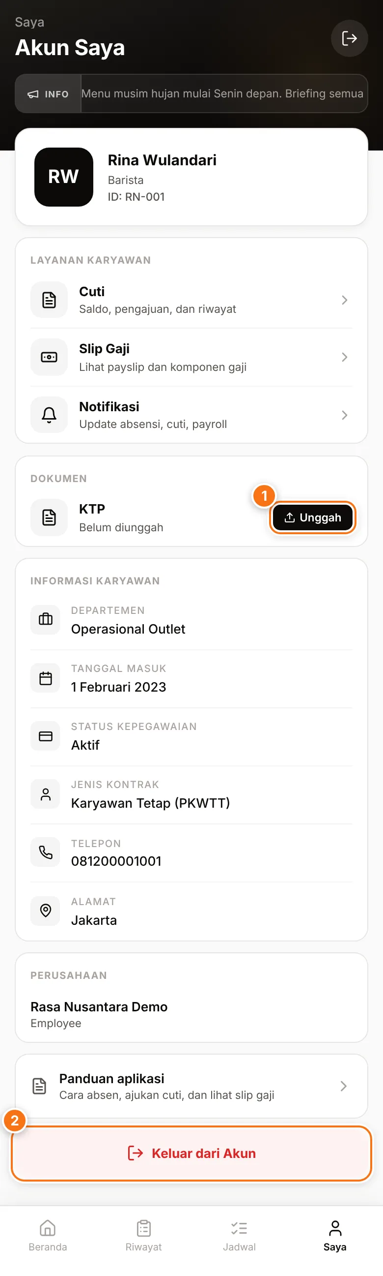 Halaman Saya dengan baris KTP dan tombol keluar