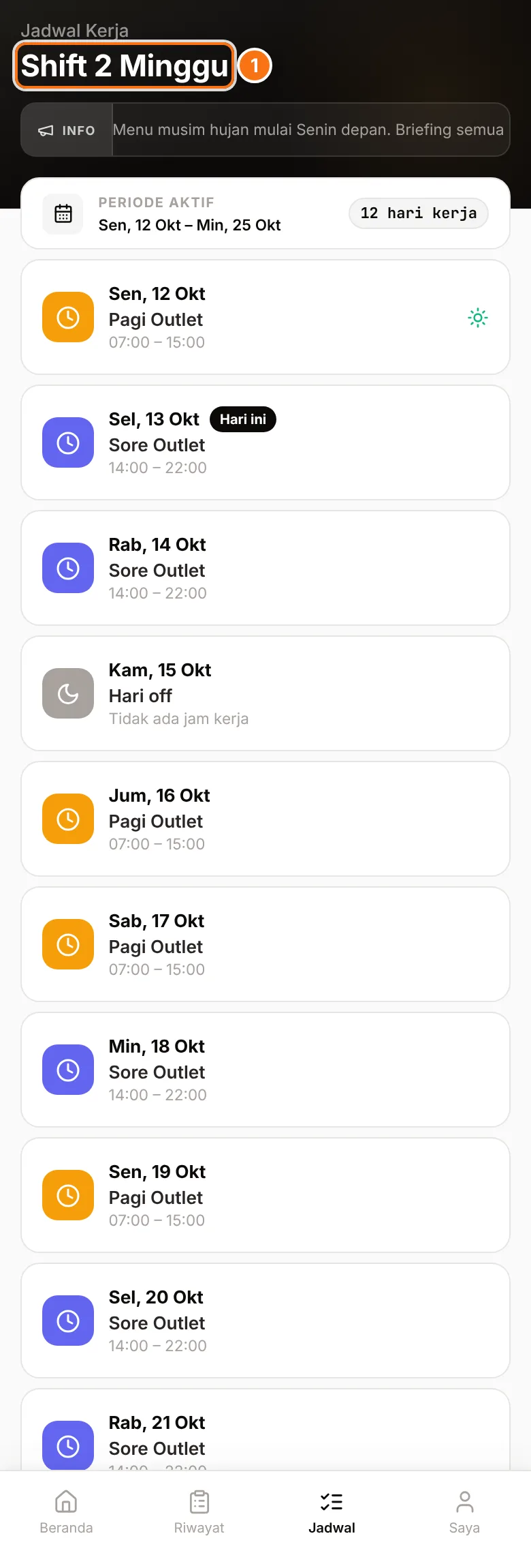 Layar Jadwal di aplikasi karyawan
